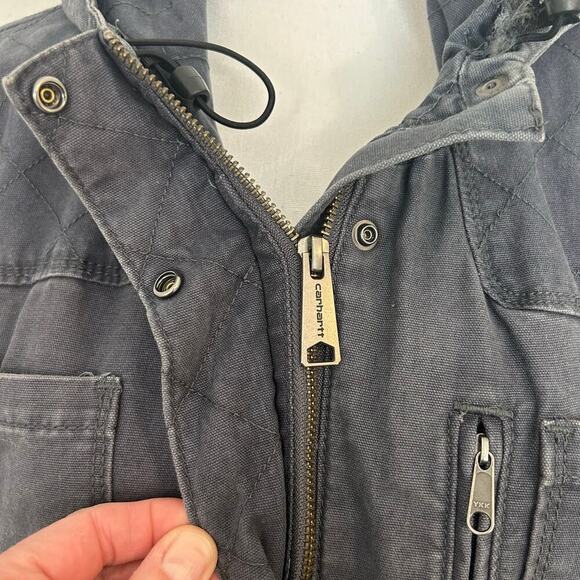 Carhartt women's hooded sherpa lined distressed  coat gray/blue size XL (16-18) - Picture 2 of 16